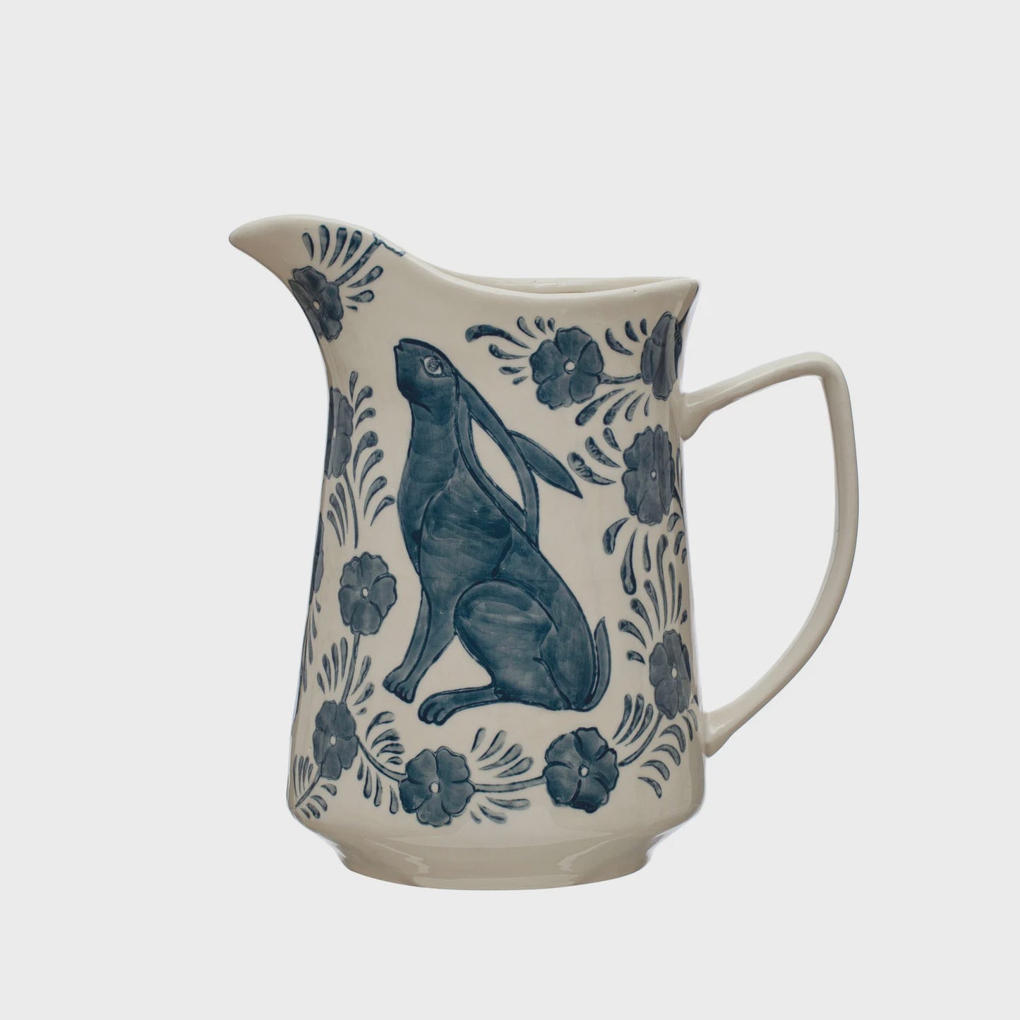 Hand-Painted Stoneware Pitcher w/Rabbit & Flowers
