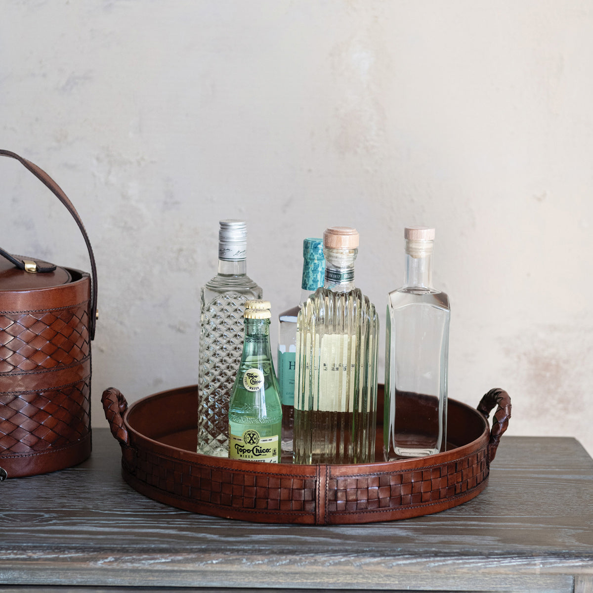 Decorative Round Woven Leather Tray w/Braided Handles