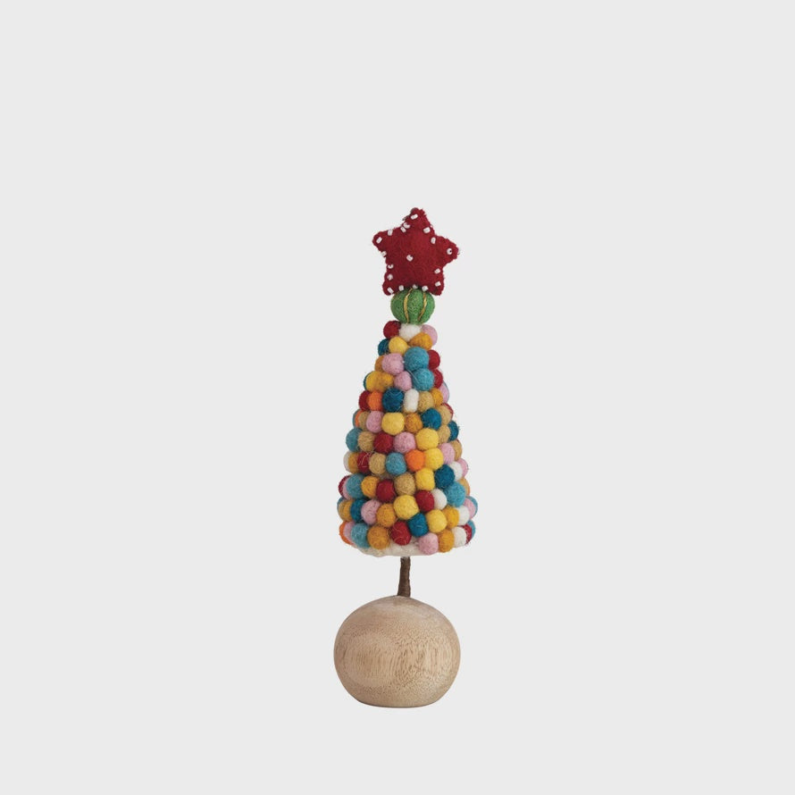 Wool Felt Pom Pom Tree w/Beaded Star, Wood Base