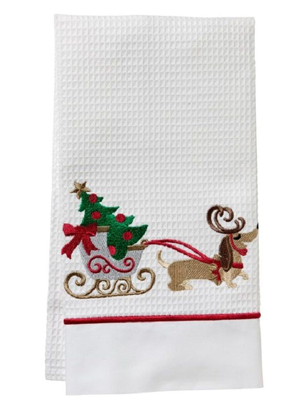 Waffle Guest Towel with Satin Stitch - Dog with Christmas Sleigh