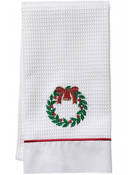 Waffle Weave Satin Stitch Guest Towel - Christmas Bell Wreath