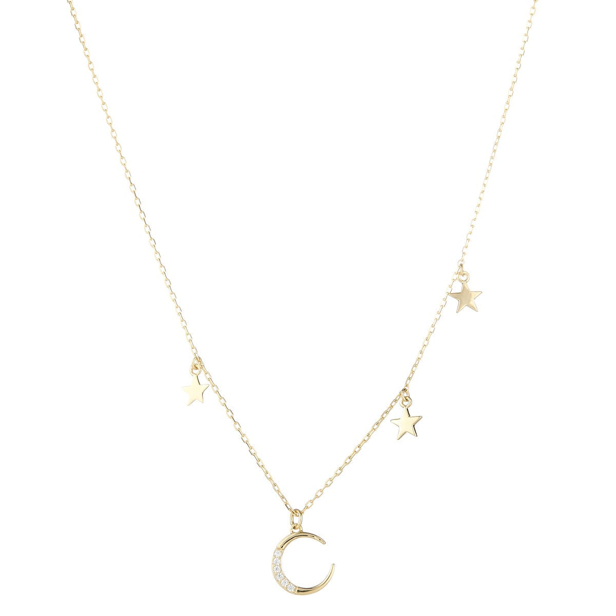 Crescent CZ Moon Necklace with Dangling Stars