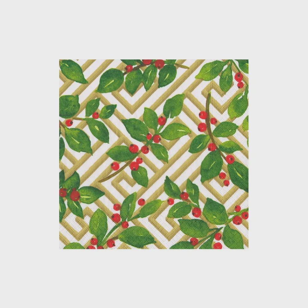 Holly and Fretwork White Cocktail Napkins