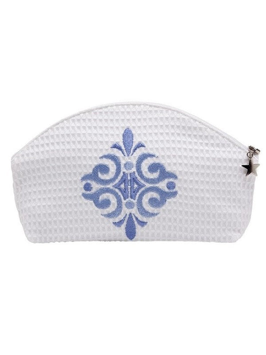 Curved Top Waffle Cosmetic Bag - Amalfi Scroll Blue