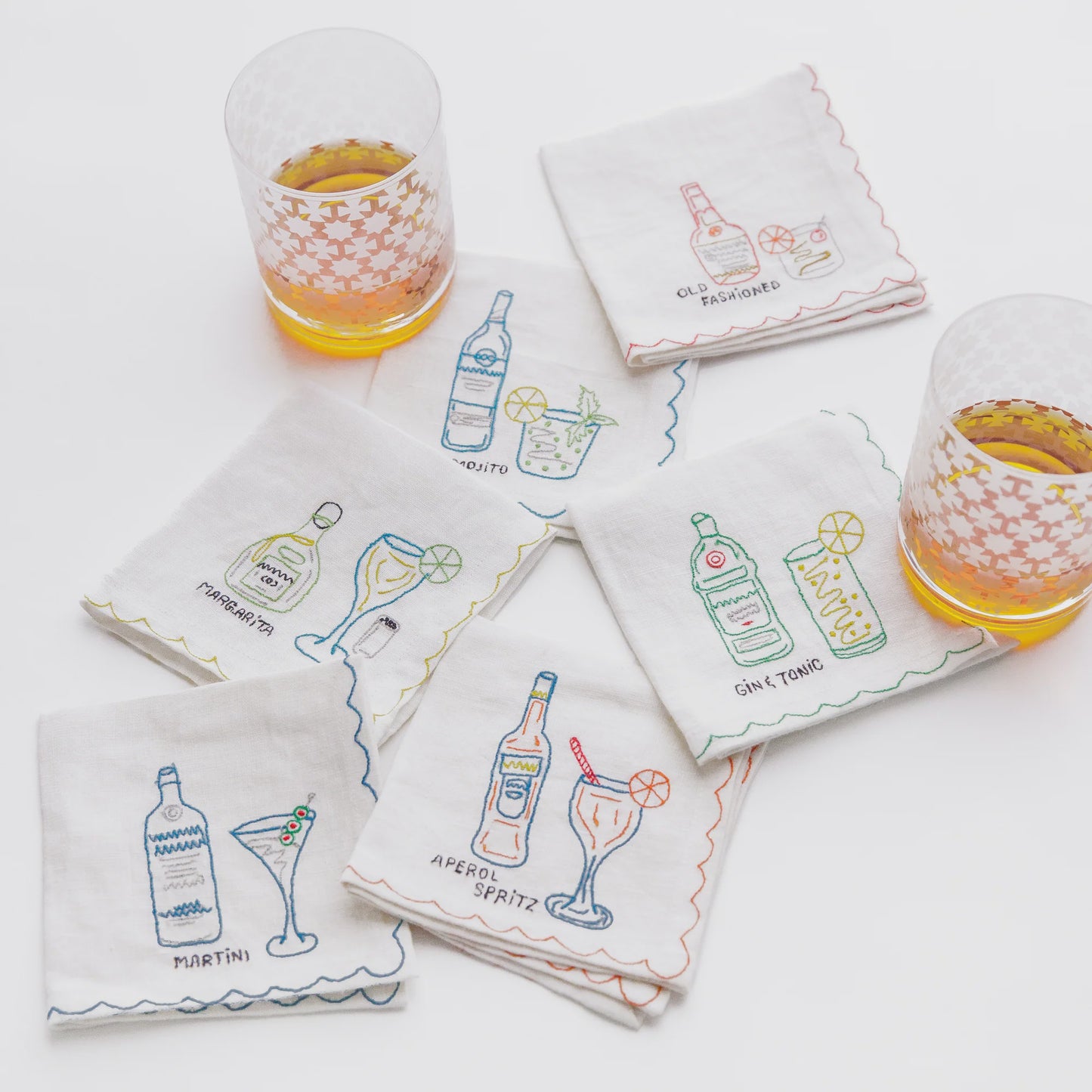 Mixed Drinks Embroidered Linen Cocktail Napkins set/6