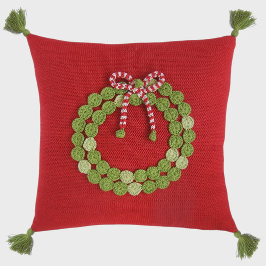 14" Green Wreath Pillow, Red