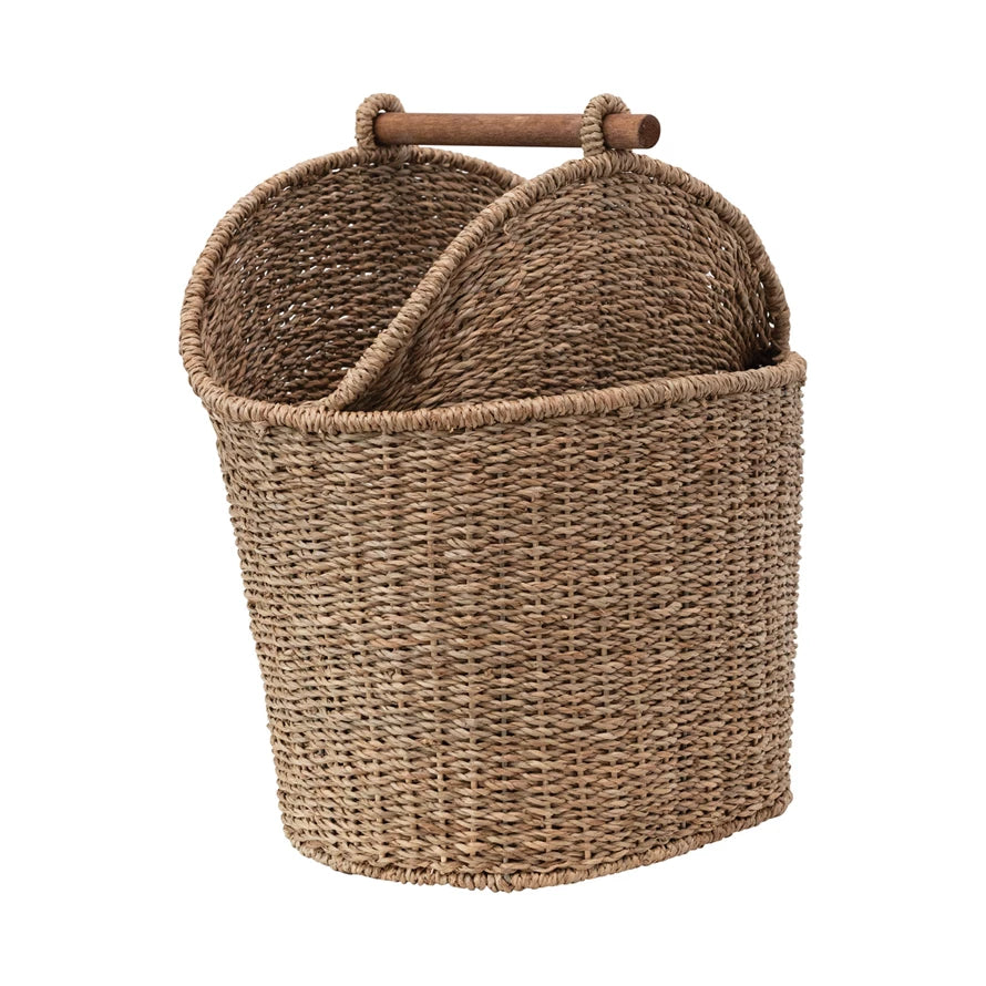 Hand-Woven Bankuan Toilet Paper/Magazine Basket with Wood Handles