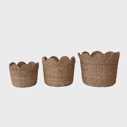 Braided Bankuan & Rattan Baskets w/ Scalloped Edge