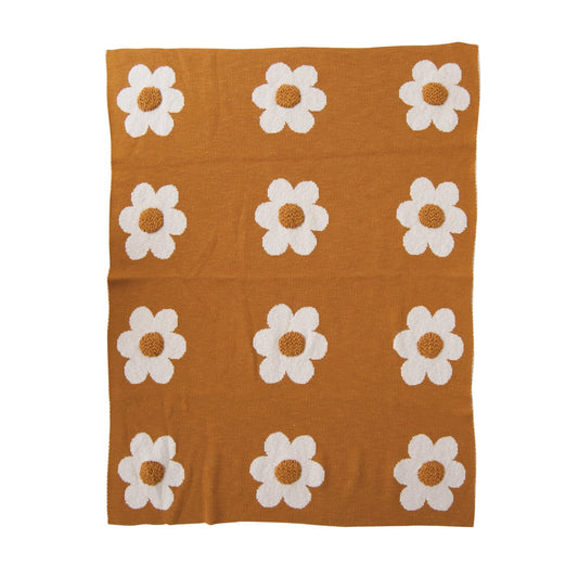 Cotton Knit Baby Blanket w/Flowers & Tufting