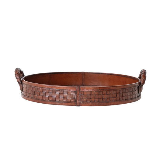 Decorative Round Woven Leather Tray w/Braided Handles