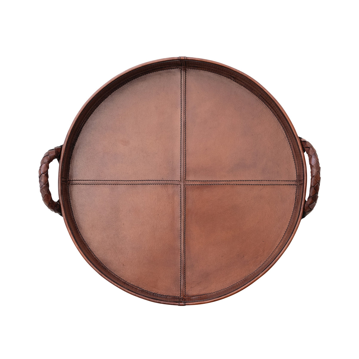 Decorative Round Woven Leather Tray w/Braided Handles