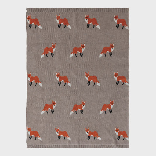 Cotton Knit Baby Blanket w/Foxes