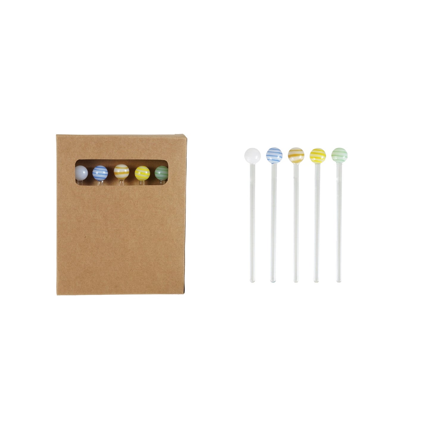 Hand-Blown Glass Cocktail Stir Sticks w/Balls - Set of 5
