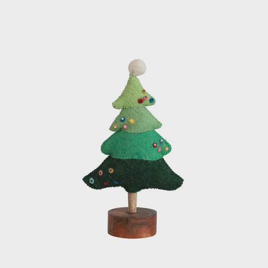 Wool Felt Tree w/Beads, Pom Pom, Wood Base