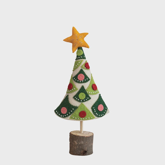 Wool Felt Tree w/Star, Applique, Embroidery, Wood Slice Base