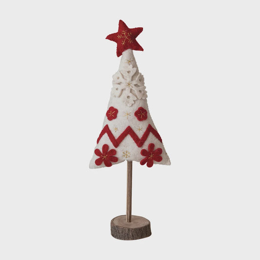 White Wool Felt Christmas Tree w/Red Applique, Embroidery, Wood Slice Base