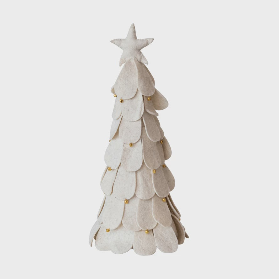 White Wool Felt Christmas Tree w/Star, Gold Jingle Bells