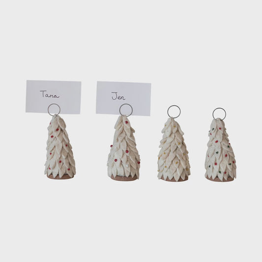 White Wool Felt Christmas Tree Place Card Holders set/4