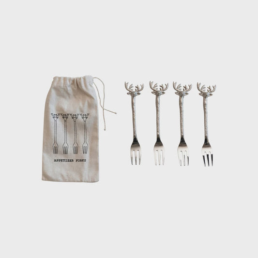 Shiny Nickel Appetizer Forks w/Reindeer Handles