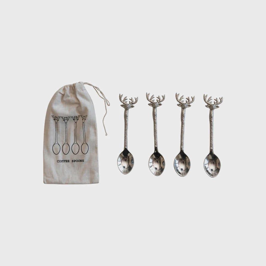 Shiny Nickel Coffee Spoons w/Reindeer Handles