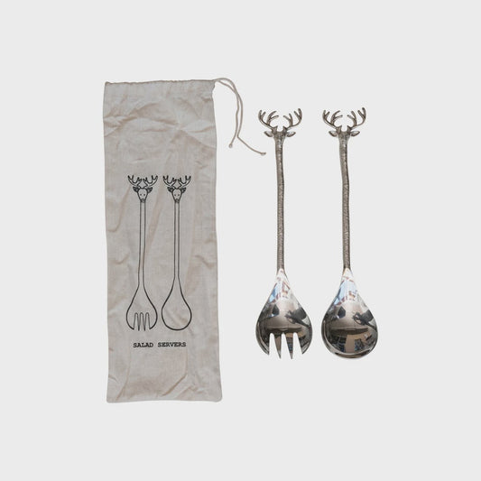 Shiny Nickel Salad Servers w/Reindeer Handles