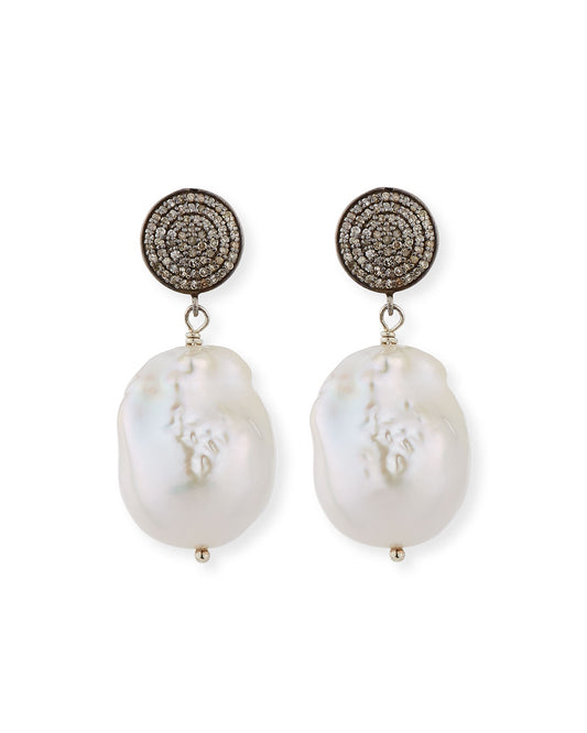 Grey Baroque Pearl, Pave Diamonds, Swarovski Earrings