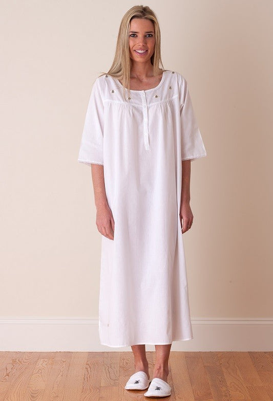 Bee Embroidered White Cotton Nightgown