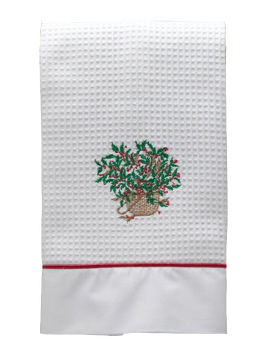 Linen Guest Towel with Satin Stitch - Holly Basket