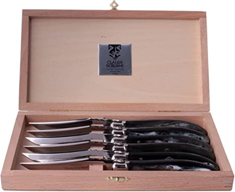 Box of 6 Laguiole Knives Black Horn Handle Stainless Steel Bolster