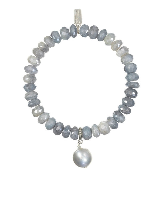 Blue/Grey Silverite, Grey Baroque Pearl and Diamond Stretch Bracelet