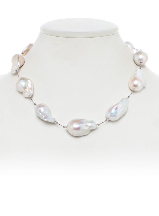 Large White Baroque Pearl Necklace with Swarovski Crystals and Grey Cord