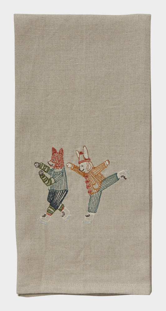 Ice Skater Bunny and Fox Tea Towel