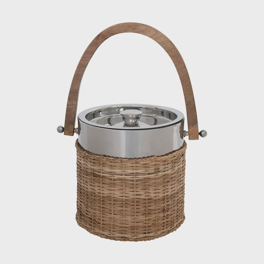 Stainless Steel and Rattan Ice Bucket with Mango Wood Handle