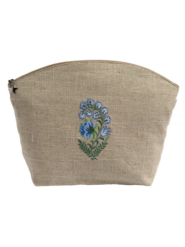 Natural Linen Cosmetic Bag, Fleur Blue