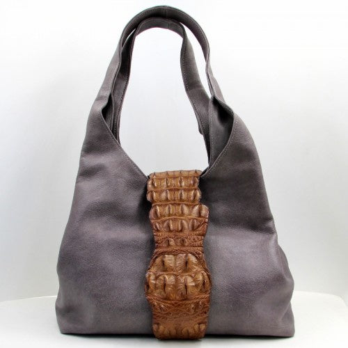 Grey Leather & Cognac Croc Hobo