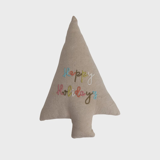 Cotton & Jute Tree-Shaped " Happy Holidays" Pillow